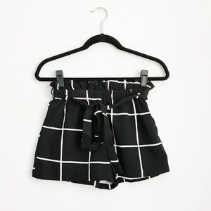 Black and White Grid High Waisted Self Tie Shorts